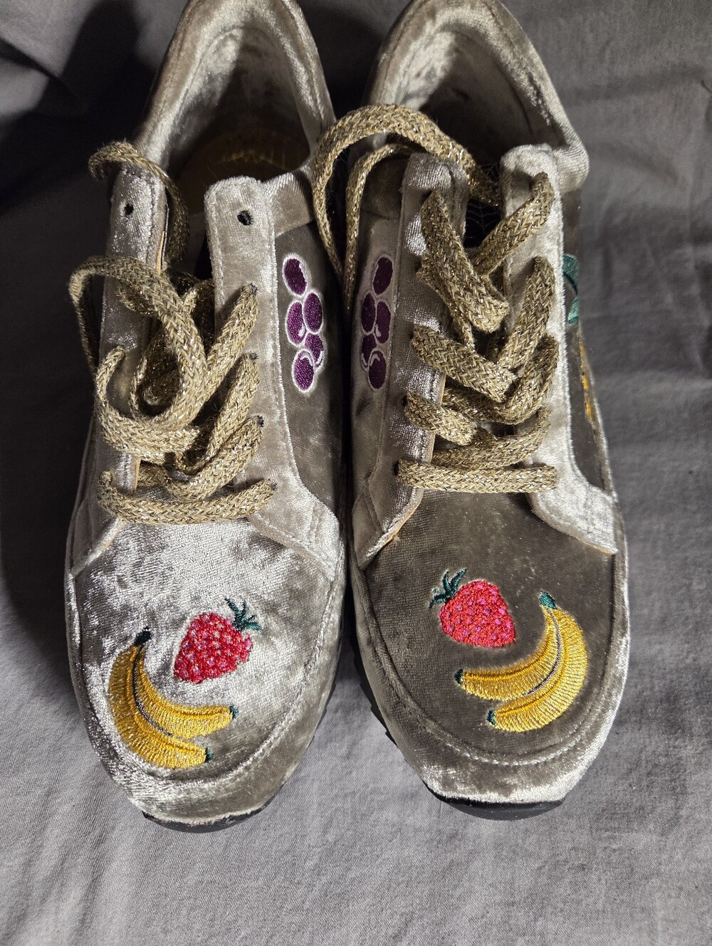 Charlotte Olympia Velvet Sneakers in Silver with Fruit Embroidery
